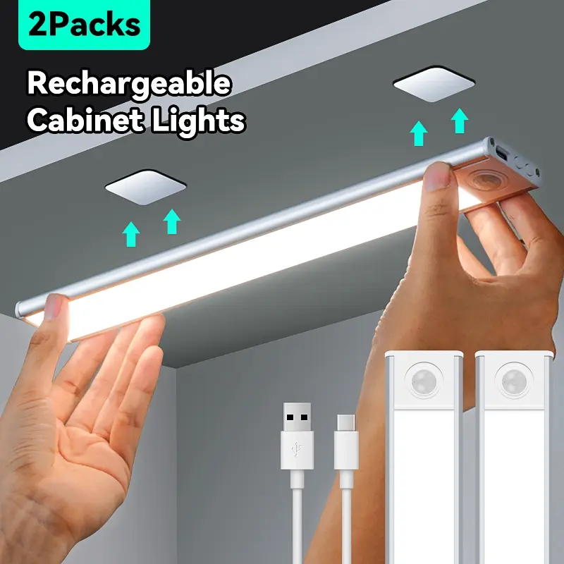 Two-Pack Rechargeable Motion Sensor Cabinet Lights, Magnetic Wire-Free Under Counter Lighting, Adjustable Brightness & Color  Night Light