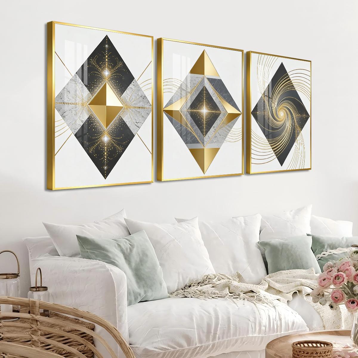 3 Counts Aluminum Alloy Framed Painting, Geometric Gold And Marble Abstract Art Pictures, Home Decoration For Living Room, Bedroom, Office, Restaurant, Hallway Wall Decor, Odorless Print Artwork, Luxury Perfect Gift For Friends And Family