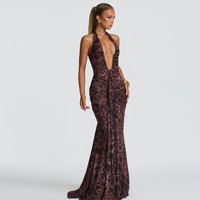 Women Summer Sexy Halter V Neck Backless Leopard Print Bodycon Party Club Evening Long Dress