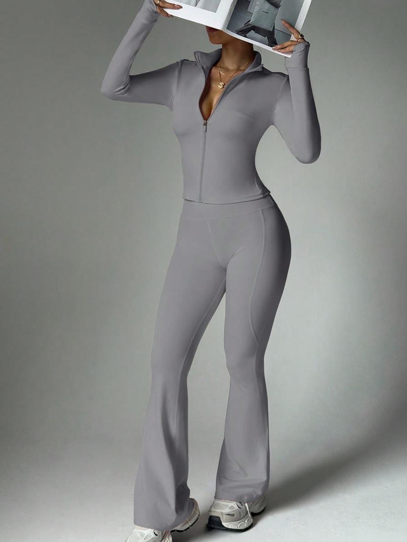 Women's 2-Piece Solid Color Set Long Sleeve Stand Collar Jacket with Thumb Holes, Breathable Fitness Sport Outfits Yoga for Gym Outdoor Running