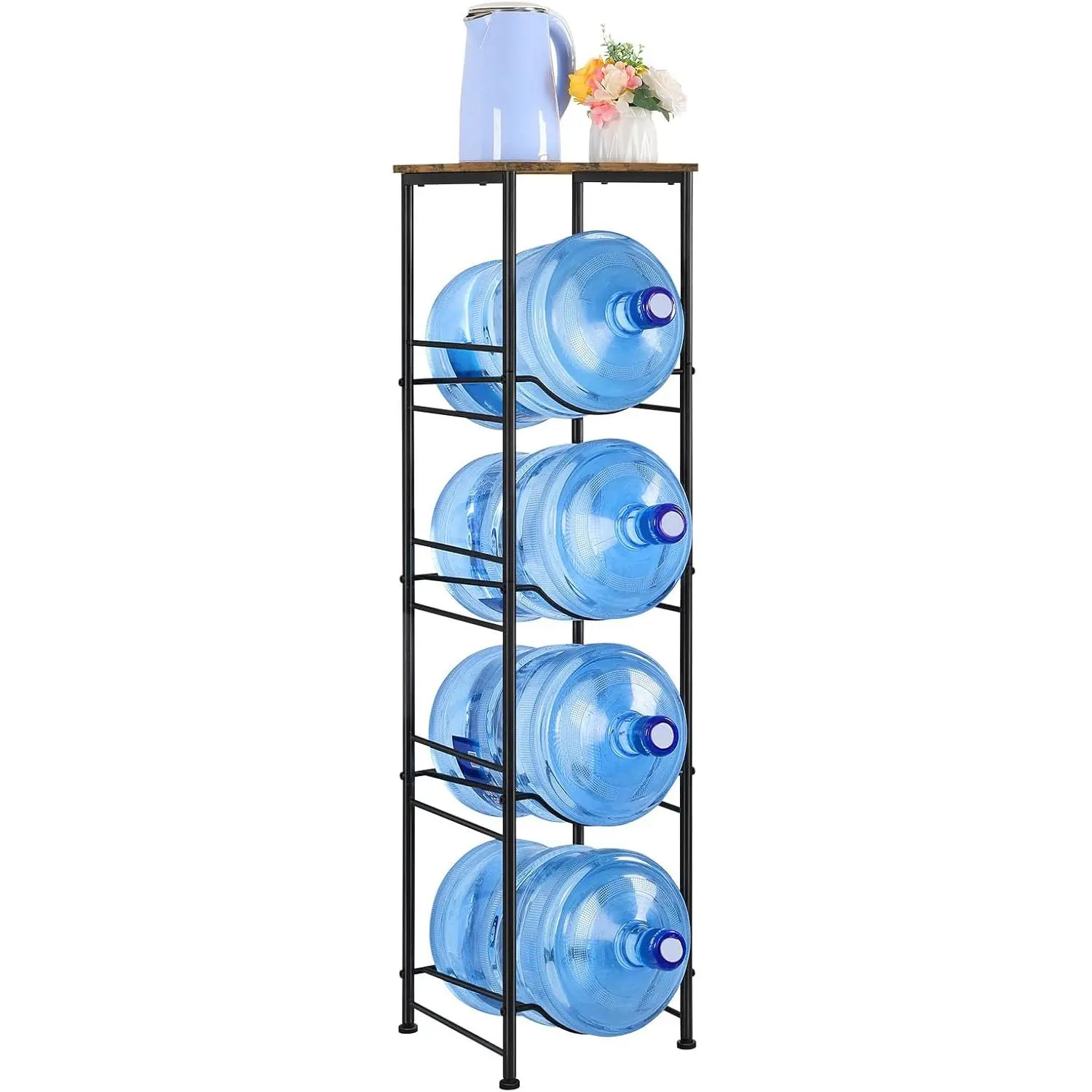 5 Gallon Water Bottle Holder Organizer 4 Tier Water Cooler Jug Rack with Storage Shelves Water Bottle Dispenser Stand for Kitchen Living Room Office, Black and Brown