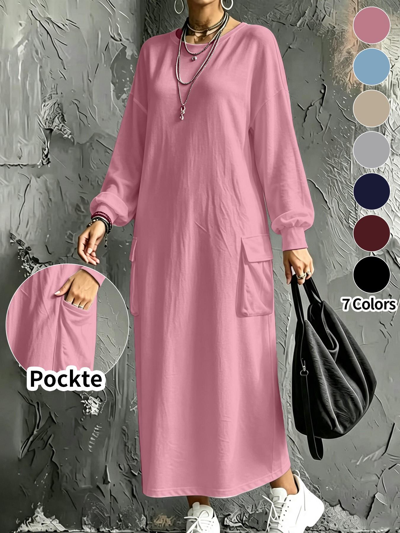 Plus Size Women's Casual Workwear Pocket Sweatshirt Dress, Long Sleeve Hiding Belly Lazy Girl Dress, Daily Home Outdoor Wear Basic