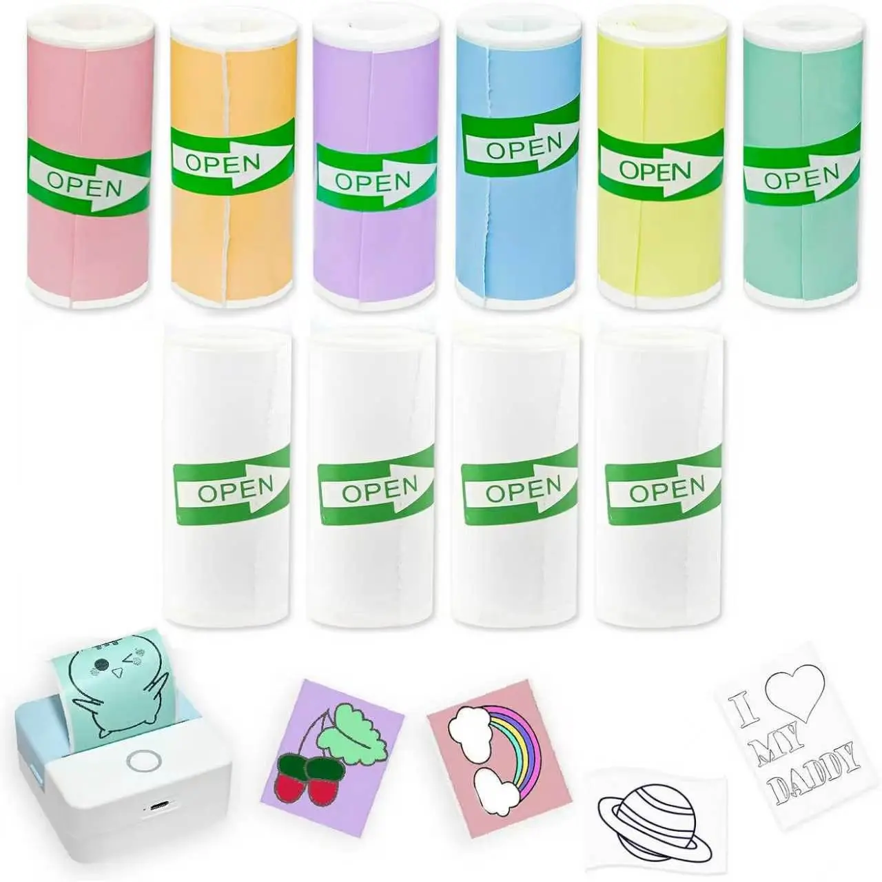 10 Rolls of 57 x 25mm Self-Adhesive Mini Printer Paper (4 White + 6 Colored) – Suitable for Study and Lists; Compatible with Most Mini Thermal Printers