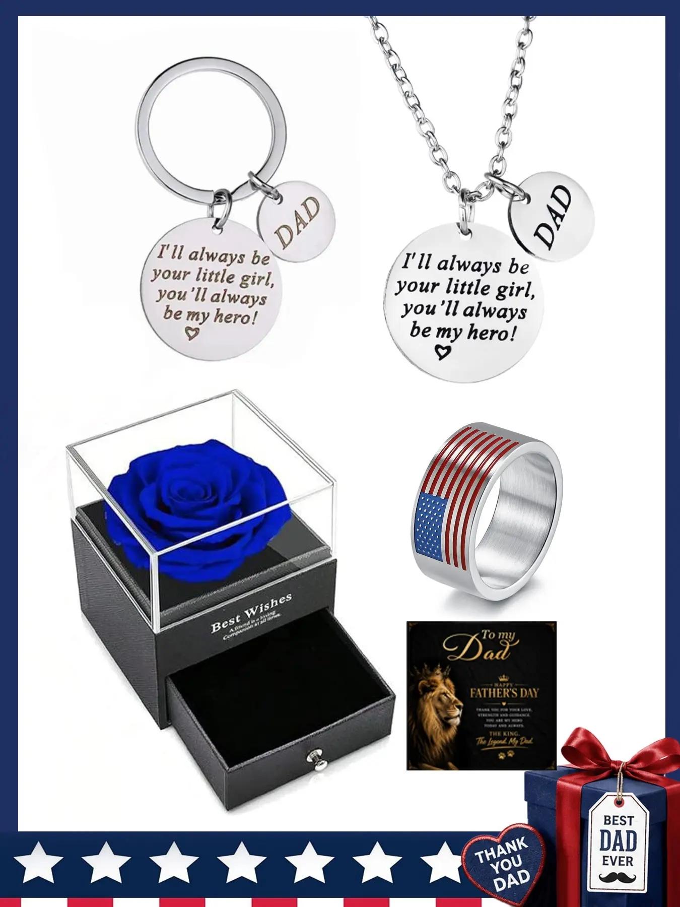 Father's Day gift set, necklace and keychain, American flag ring, lion greeting card, blue rose gift box, perfect for Christmas, birthdays, Memorial Day.