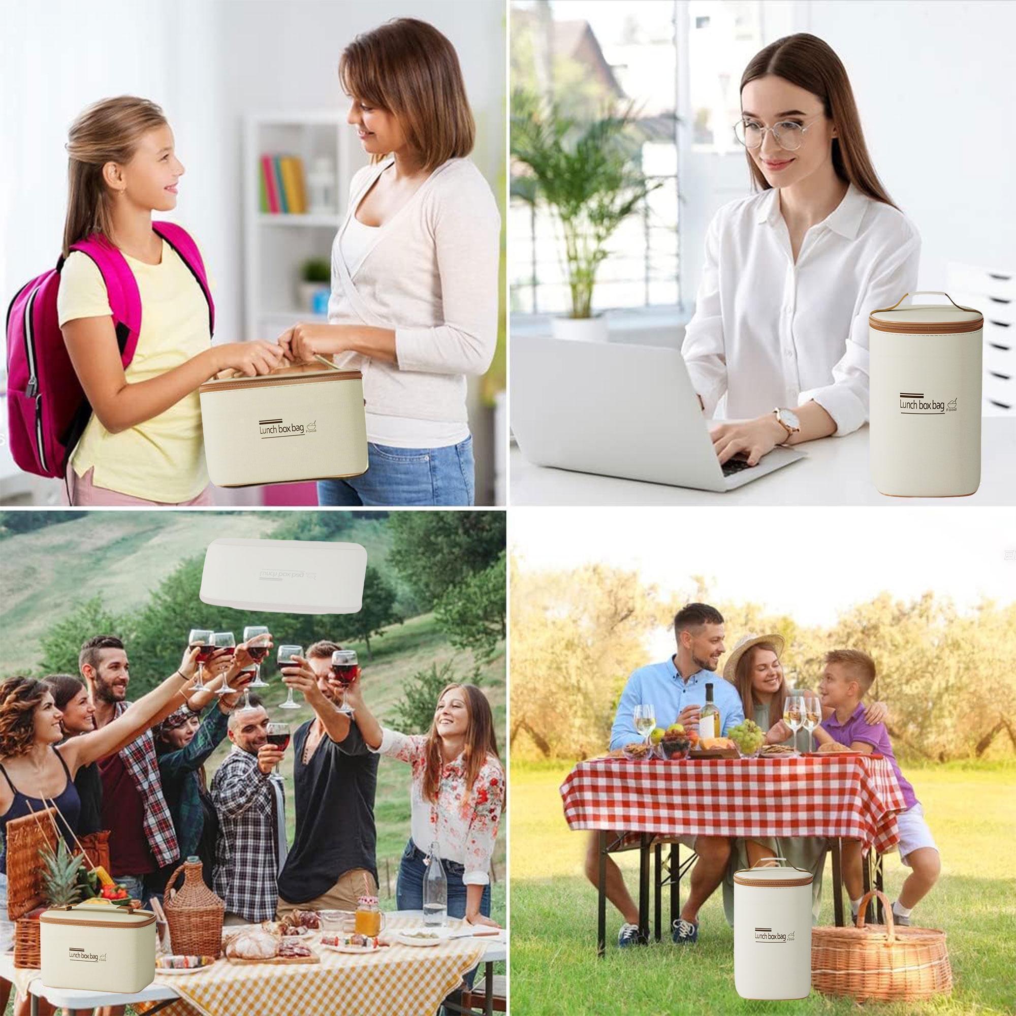 3Pcs 4Pcs Insulated Bento Box Portable Stainless Steel Food Container Round Microwave Safe Stackable Leakproof Thermal Vacuum Wide Mouth Food Jar Electric Lunch Box With Beige Insulated Bag For Adult Men Women Office Travel