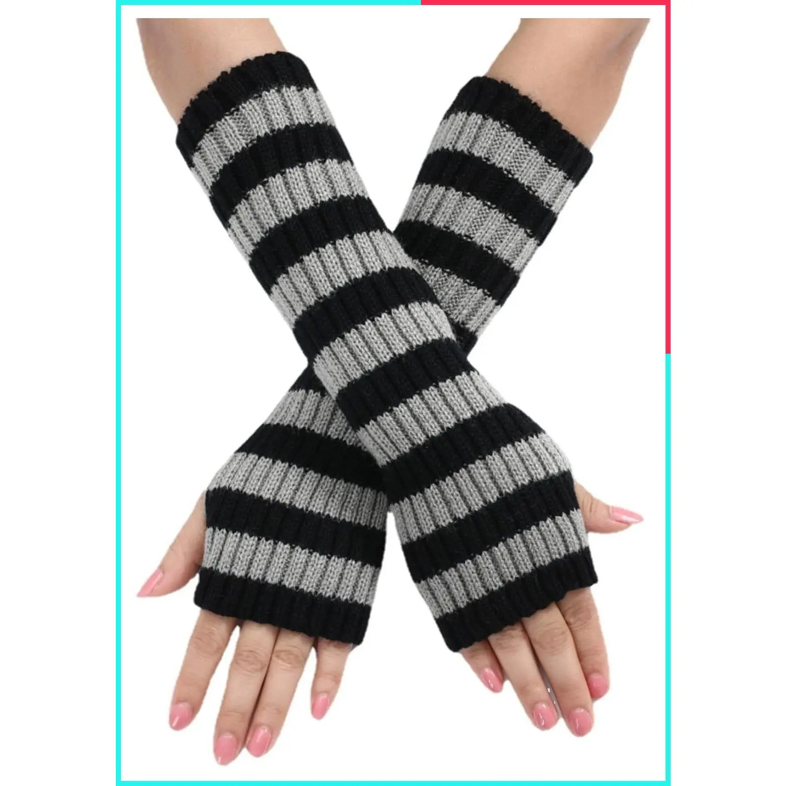 Striped Knitted Arm Warmers - Y2K Punk Gothic Alt Emo Fingerless Gloves, Long Winter Sleeves Grunge Accessories