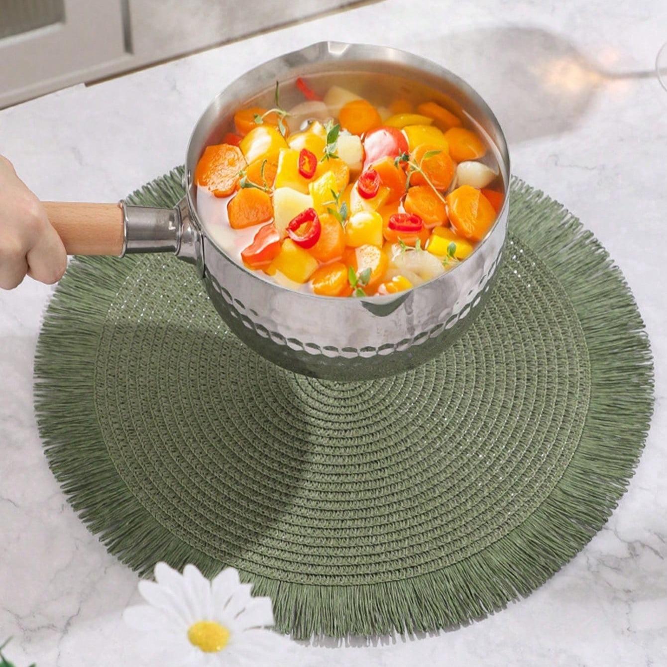 15 Inch Round Paper Braided Fringe Placemats Set, Heat Resistant Table Mats, Hotel Restaurant Decor, Non-Slip Dining Pad, Family Party Use