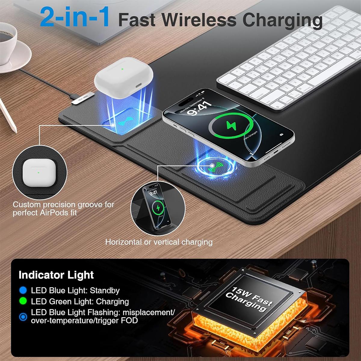 15W Wireless Charging Mouse Pad with Foldable Phone Holder, 31.5"x15.8" Extended Desk Mat for Laptop/Keyboard, Waterproof Ultra-Smooth Surface, Non-Slip Base,back to school,back to school shopping