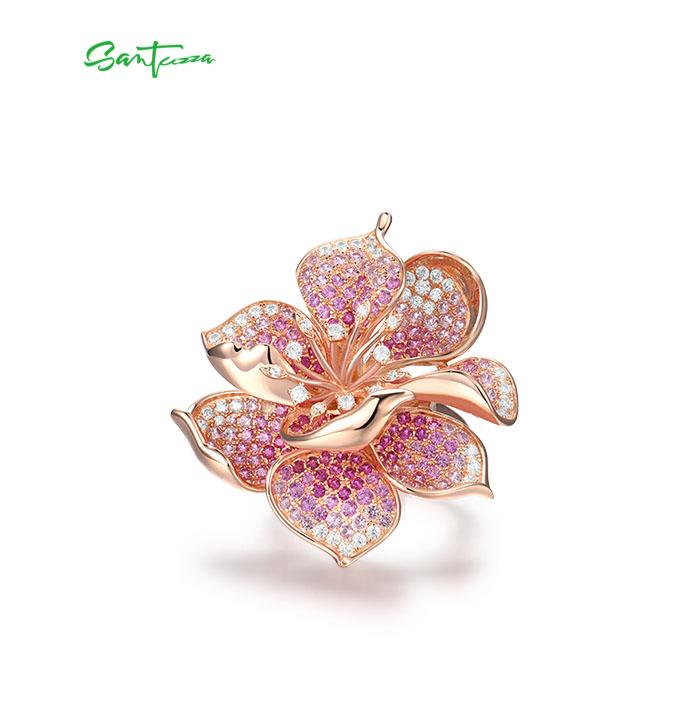SANTUZZA 925 Silver Created Pink Sapphire White Cubic Zirconia Ring Blossom Hibiscus Charming Fashionable Jewelry