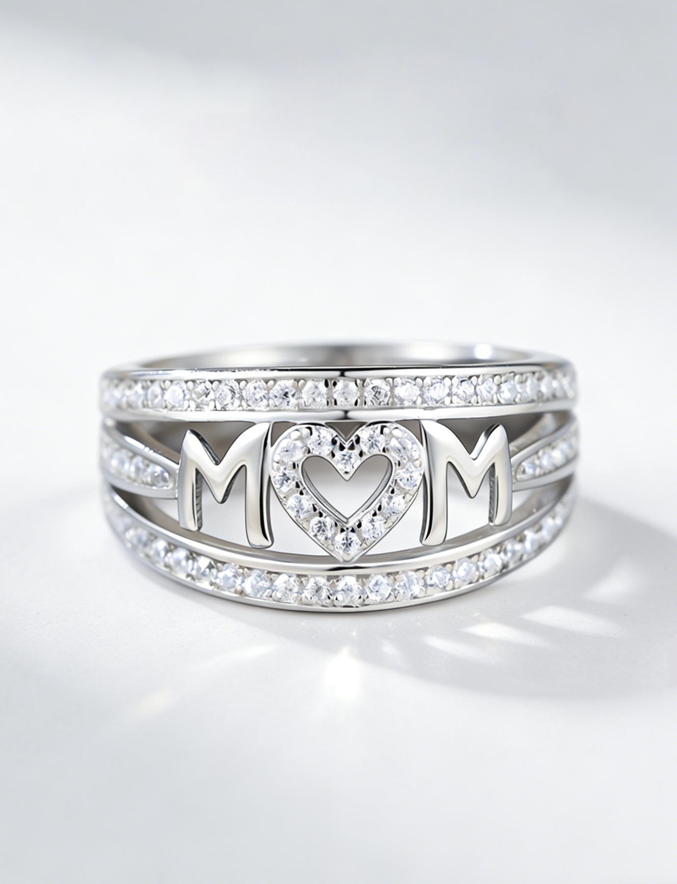 MOM Heart Ring, Sparkling cubic zirconia, "MOM" lettering, and a love heart that wraps around her finger.A Symbol of Endless Love for Mom,Mother's Day Gift