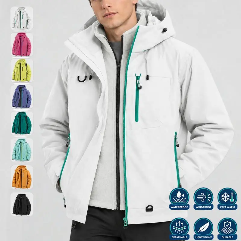 Men's 3-in-1 Adjustable Fleece Jacket - Polyester Outdoor Gear, Full-Zip Hooded, Detachable Liner, Multi-Functional Pockets, Machine Wash Warm Outerwear for Hiking, Everyday Wear
