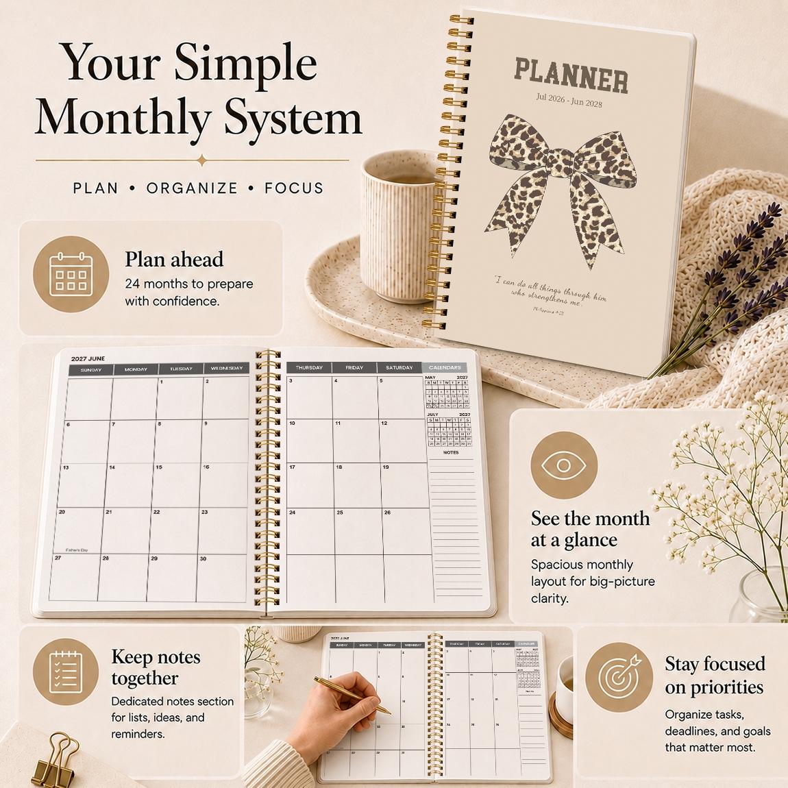 A5 Size Planner Notebook, Spiral Binding, Spiral Bound Planner, Leopard Print Bow Cover, Calendar & Memo Management, Ideal for Study Office Daily Planning