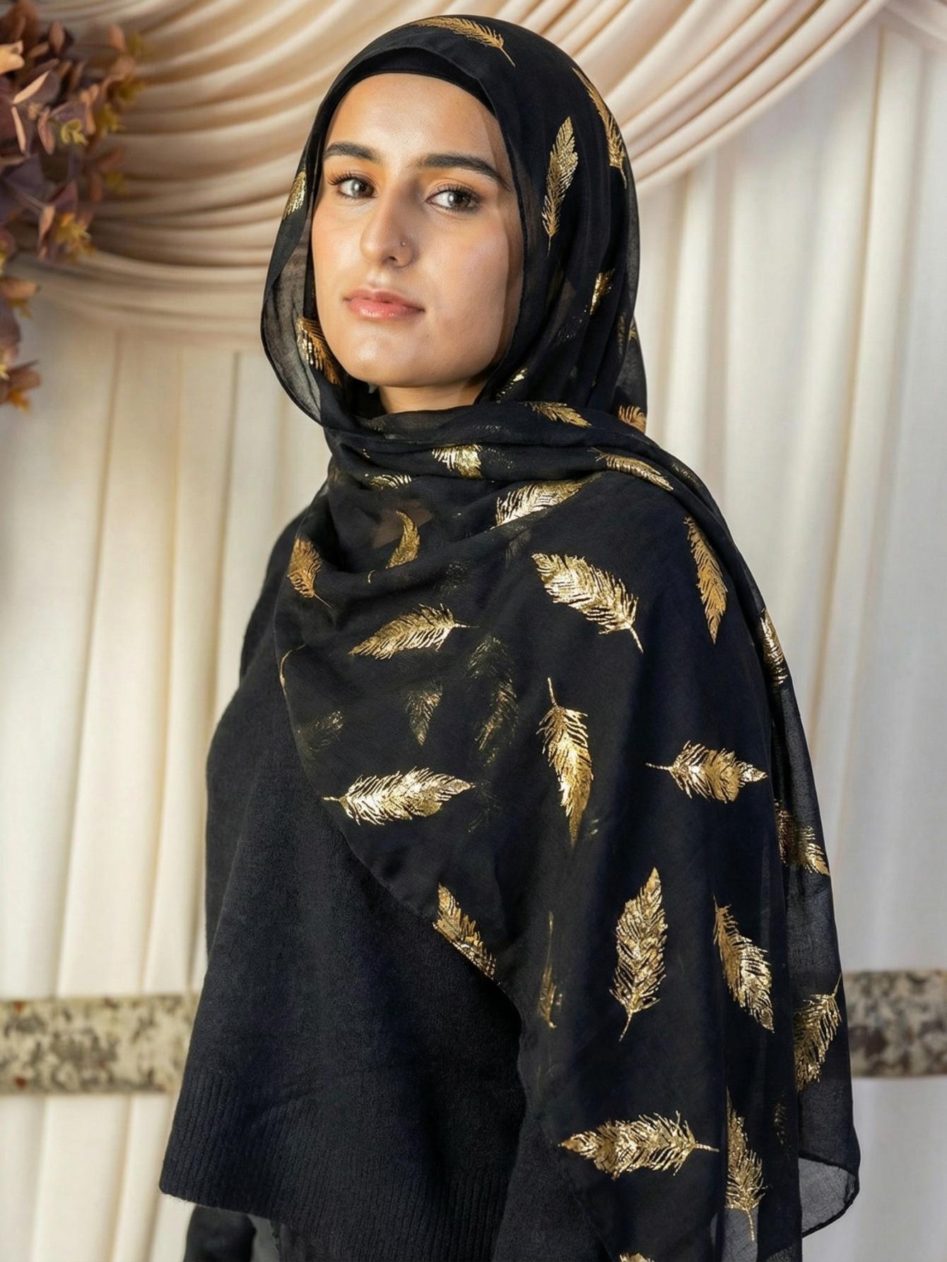 Ladies' Elegant Scarf with Feather Pattern, Lightweight Polyester Fabric for Fashion Accessories, Perfect for Stylish Hijab