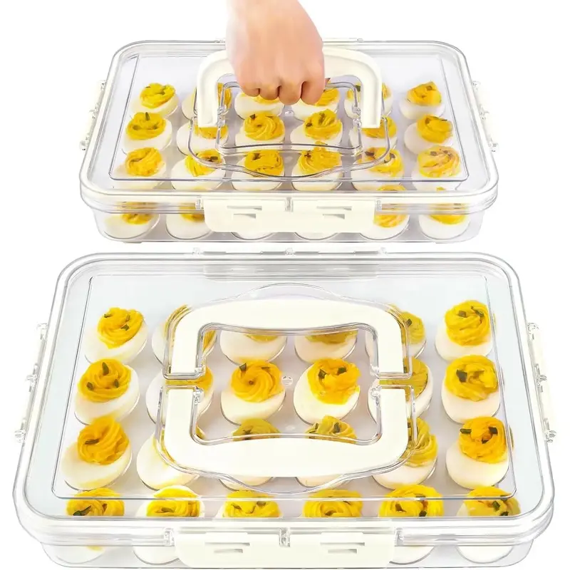 2-Pack White 48-Egg Deviled Egg Storage Containers with Lid+Handle, Durable Transparent Plastic Stackable Kitchen Storage, Portable Party Tray, Refrigerator Organizer, 48-Eggs
