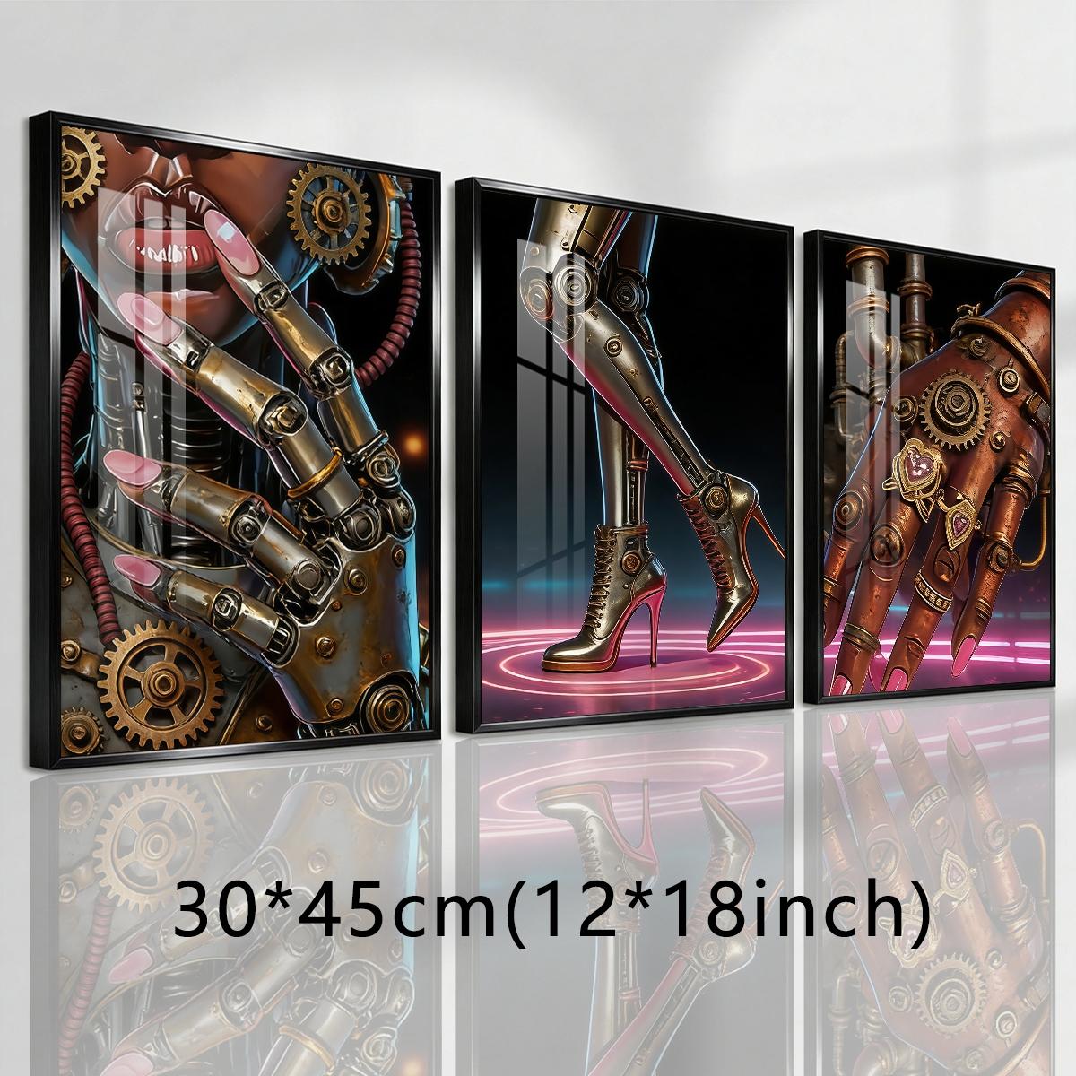 3 Counts Aluminum Alloy Framed Painting, Futuristic Cyberpunk Robot Art Pictures, Home Decoration For Living Room, Bedroom, Office, Restaurant, Hallway Wall Decor, Odorless Print Artwork, Luxury Perfect Gift For Friends And Family