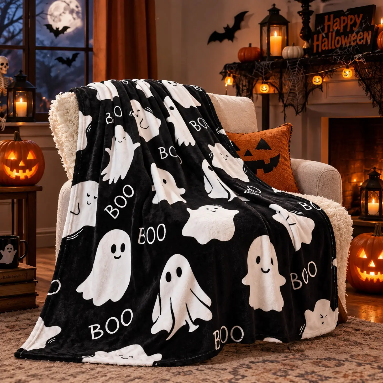 Halloween Cute Ghost BOO Pattern Throw Blanket, Super Soft Cozy Plush Flannel Blanket for Sofa Couch Bed, Black White Spooky Season Home Decor, Halloween Gift for Family Friends