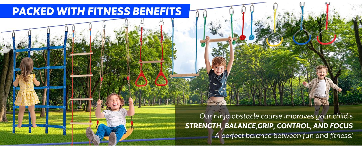 Ninja Warrior Obstacle Course Kids - 2 x 65ft Double Slacklines -Plenty of Exciting Obstacle Net Net Rope Ladder Monkey Bars - Ninja Course for Kids Outside, Kids Obstacle Course Backyard Playground Set