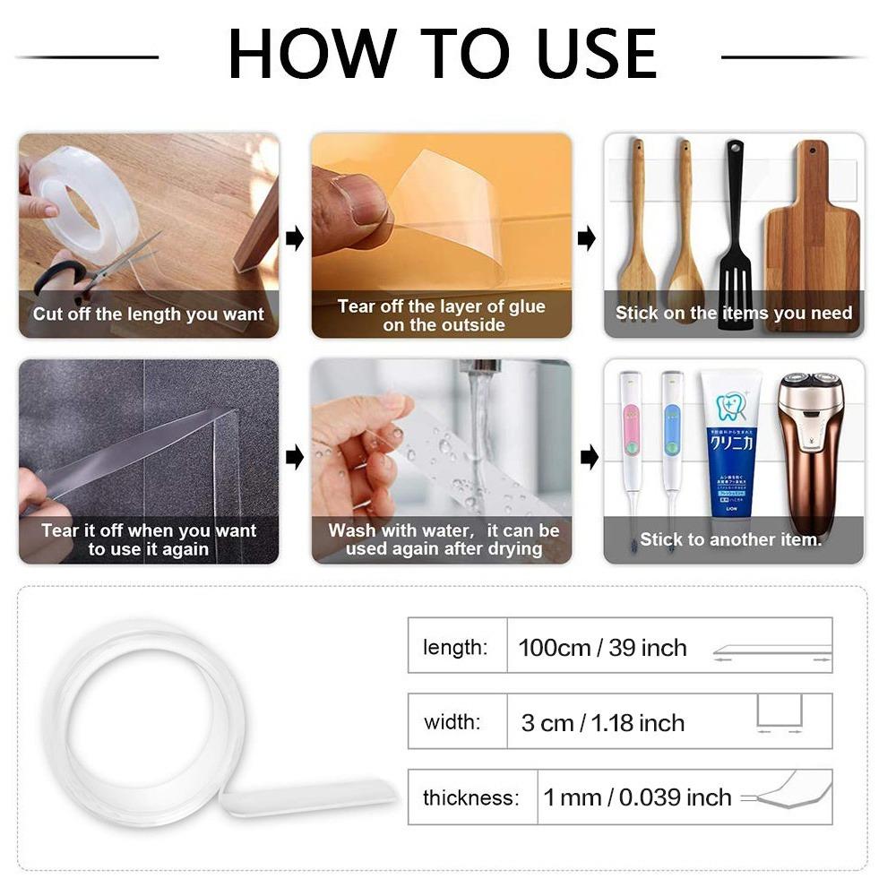 Strong Washable Double-Sided Tape for Wall Decor, No-Drill Photo Hanging, Anti-Slip Carpet & Cabinet Adhesive, High-Strength Removable, Waterproof, Heat-Resistant Multi-Surface Strips, Easy Peel