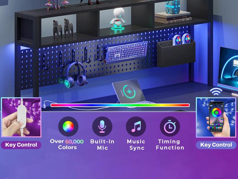 Sikaic L Shaped Reversible LED Gaming Desk with Power Outlets