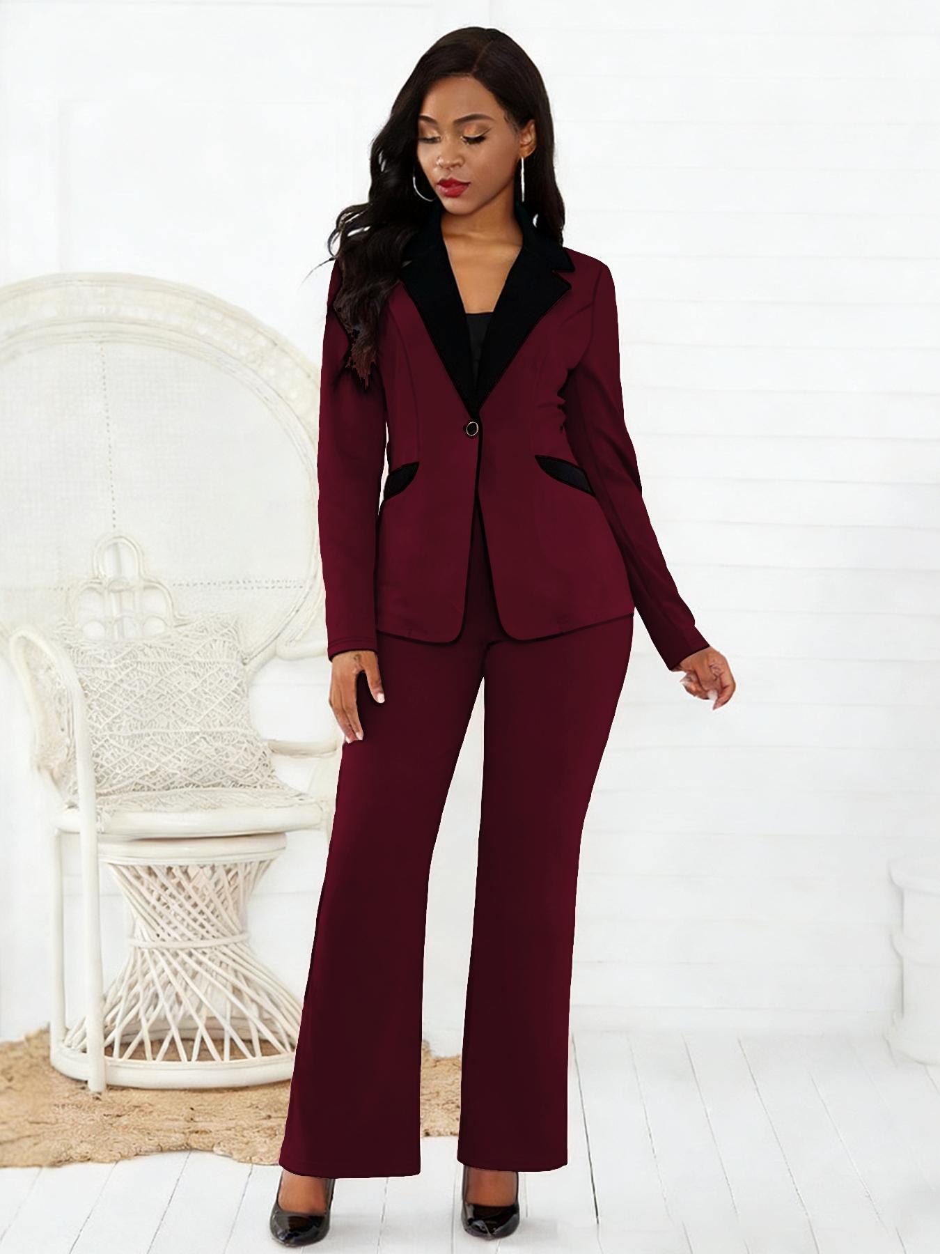 Business Style Spring Summer Trendy Women's Two-Piece Set, Colorblock Lapel Button Pocket Long Pants, Commuter Professional