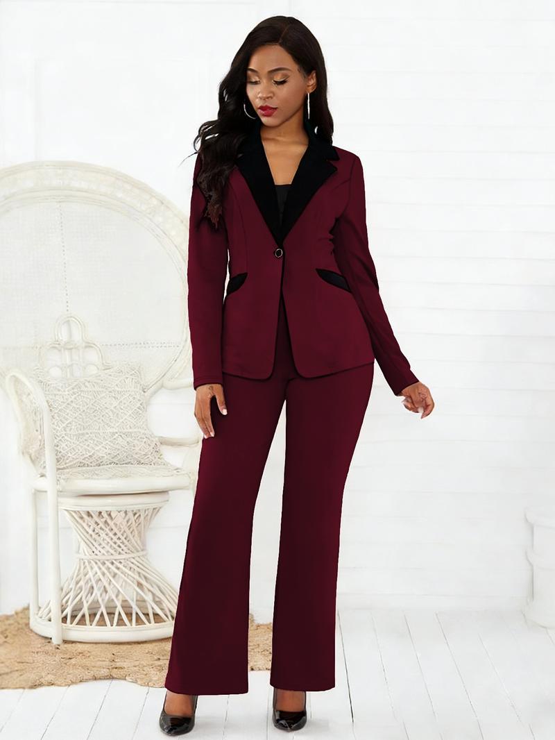 Business Style Spring Summer Trendy Women's Two-Piece Set, Colorblock Lapel Button Long Pants, Commuter Professional