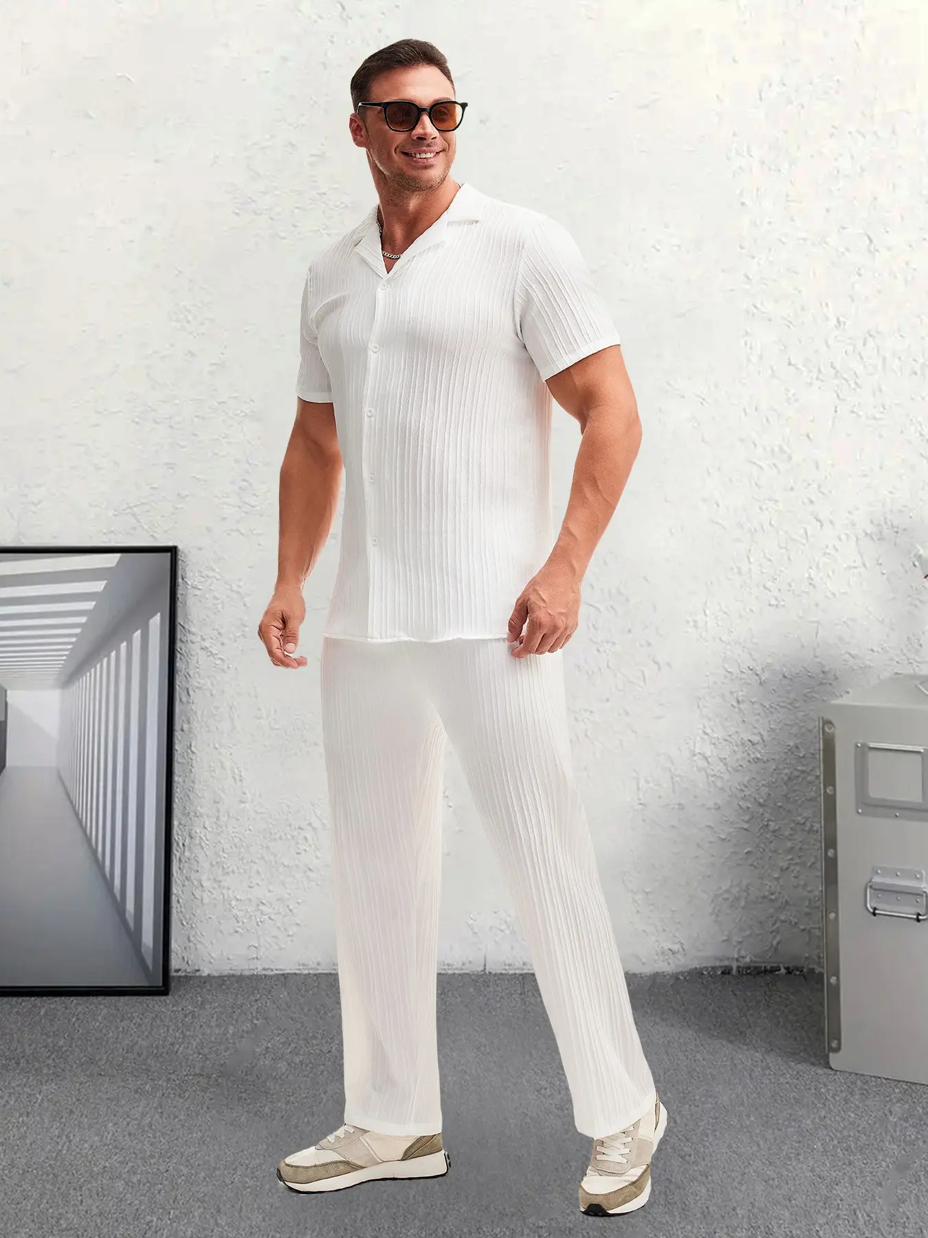 Men's Plain Textured Loungewear Set, National Day Offers, Casual Short Button Front Shirt & Elastic Waist Pants without Tee & Necklace, Men's Sleepwear Pajamas for All Seasons
