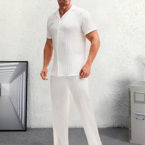 Men's Plain Textured Loungewear Set, National Day Offers, Casual Short Button Front Shirt & Elastic Waist Pants without Tee & Necklace, Men's Sleepwear Pajamas for All Seasons