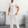 Men's Plain Textured Loungewear Set, National Day Offers, Casual Short Button Front Shirt & Elastic Waist Pants without Tee & Necklace, Men's Sleepwear Pajamas for All Seasons