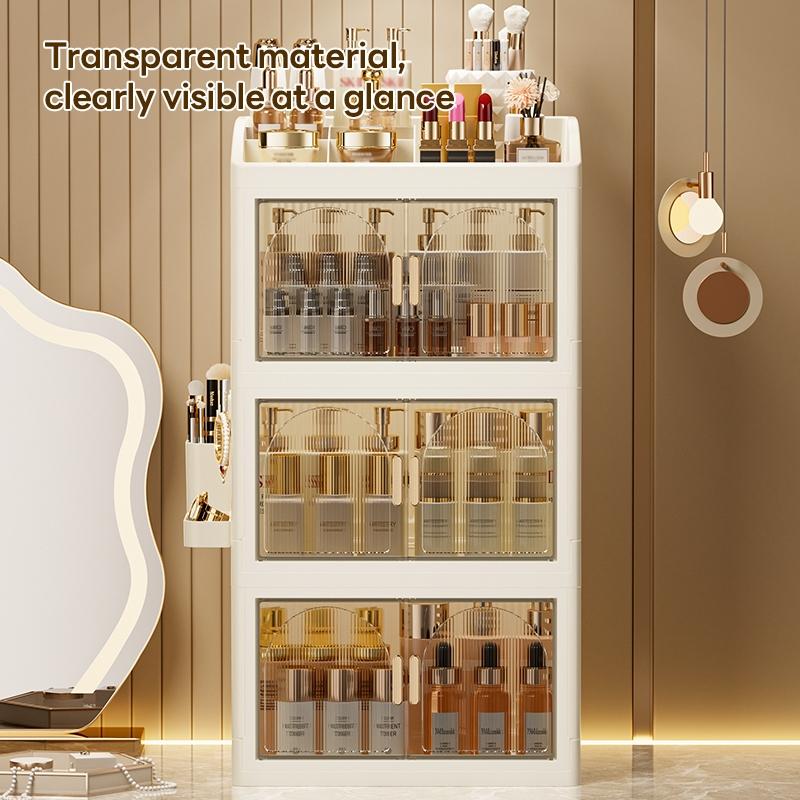 33cm*24.5cm Small Capacity Plastic Storage Cabinet, Magnetic Transparent Double Door, Organizer for Cosmetics and Small Items, Durable and Stylish