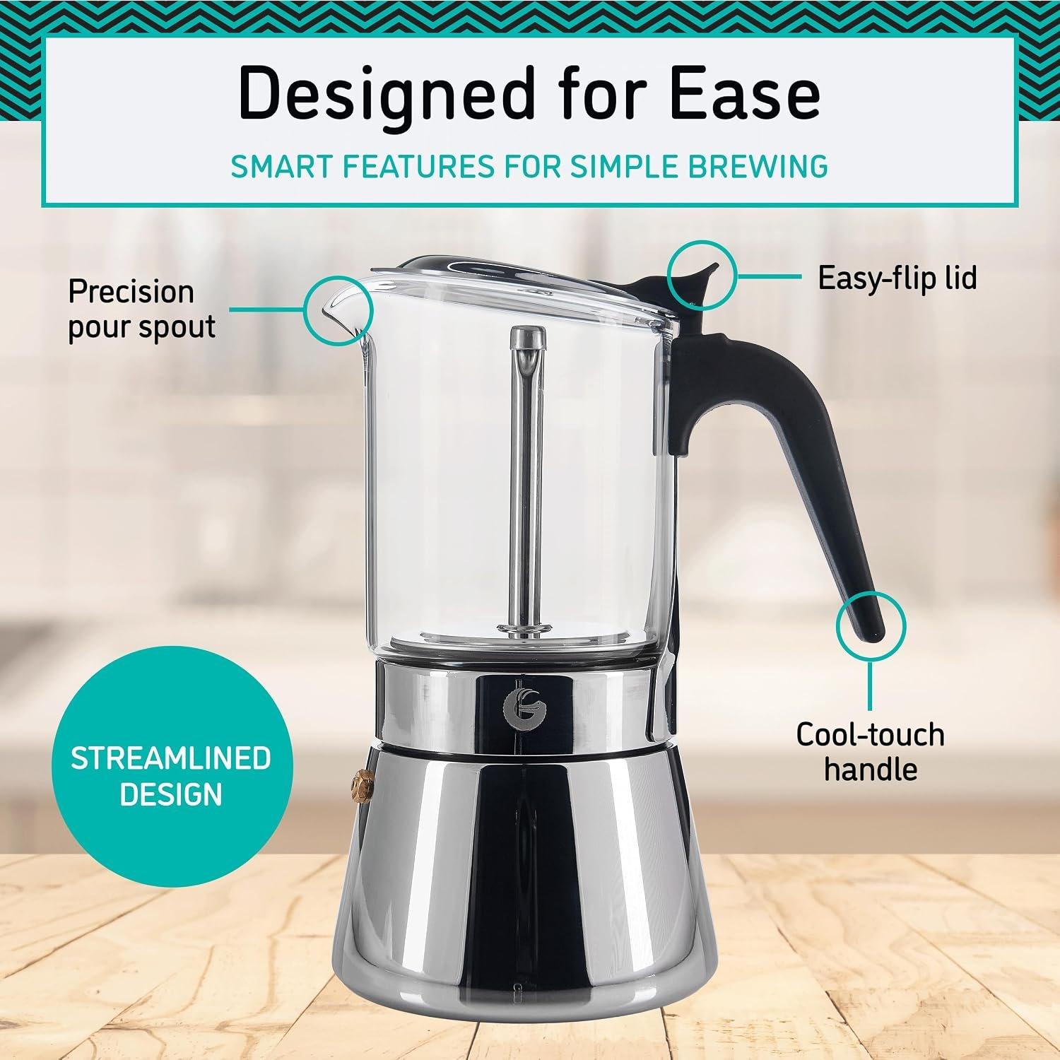 4 Cup Moka Pot, 6.7oz Stovetop Espresso Maker | for Italian , Transparent Glass & Stainless Steel Design, , 200ml