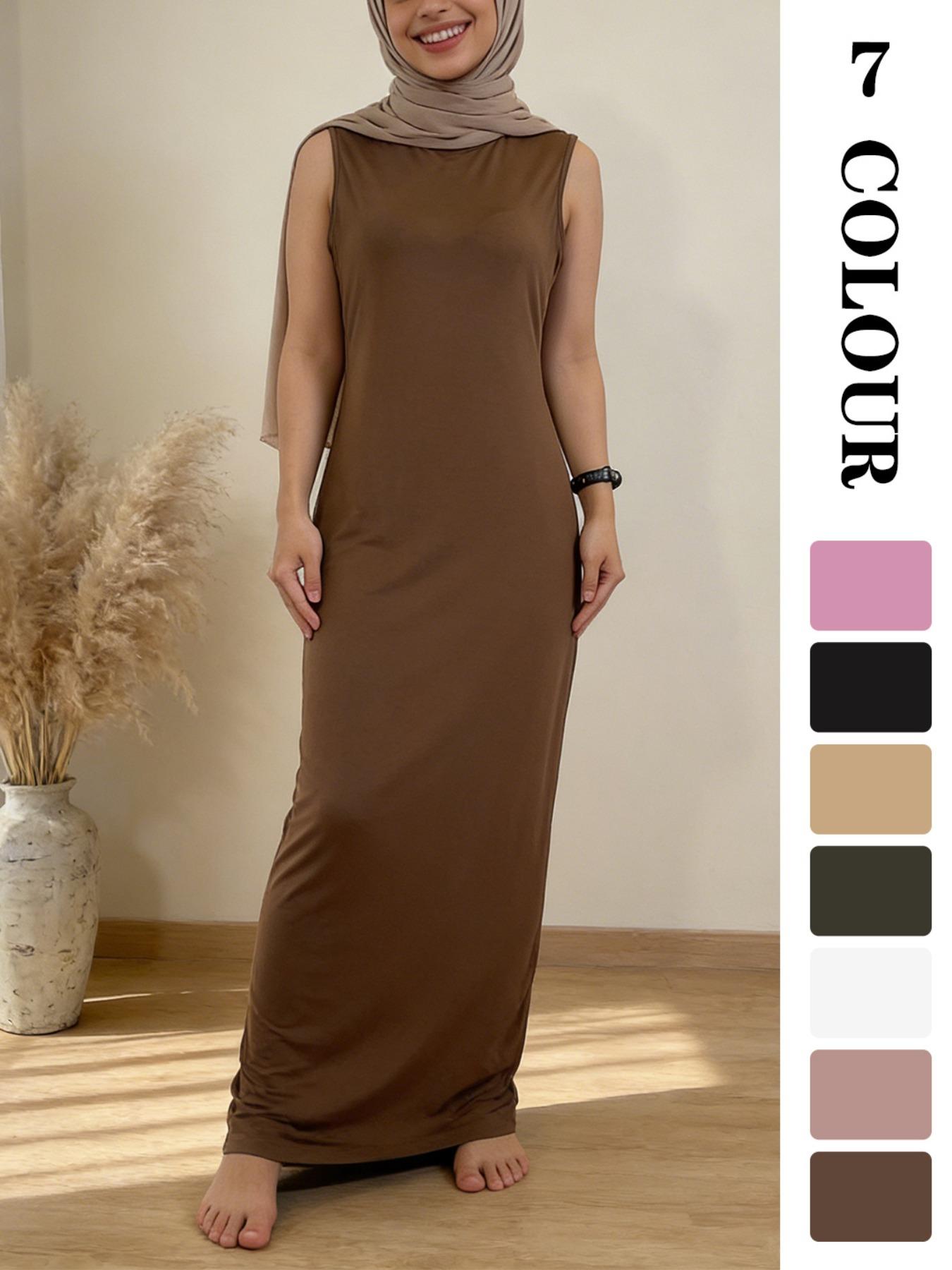 Muslim Sleepwear XS-XL 1pcs inner Women's Long Plain Sleeveless Underdress, Dubai Luxury Islamic Kaftan Pajama, All-Season Sexy Sleepwear