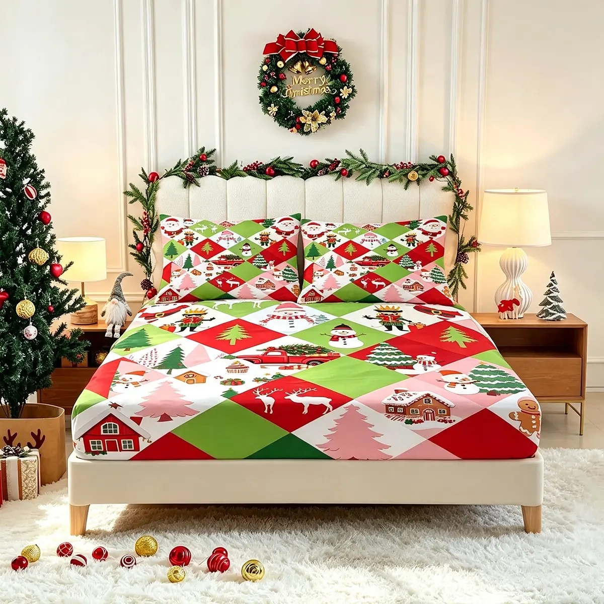 Xmas Patchwork Bed Sheets Set King Kawaii Cartoon Fitted Sheet Set Cute Christmas Deer Snowman Truck Sheets Pink Green Tree Snowflakes Bedding Set With 2 Pillowcases