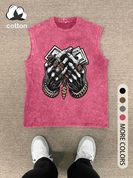 Men's Vintage Graphic Print Round Neck Tank Top, Regular Fit Casual Fashion Sleeveless Top for Summer, Men's Clothes for Daily Wear, Socks