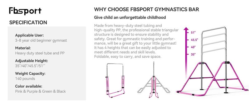FBsport Expandable Gymnastics Bars for Kids, Adjustable Height Gymnastic Horizontal Bars with Rings, Children Folding Training Equipment for Home