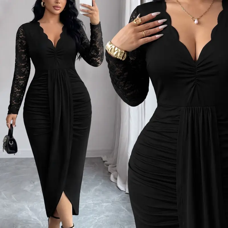 Plus Size Women’s Lace Sleeve Bodycon Midi Dress, Deep V Neck Ruched Long Sleeve Dress with Draped Front Detail, Elegant Sexy Evening Cocktail Dress for Party, Date Night, Dinner and Evening Wear