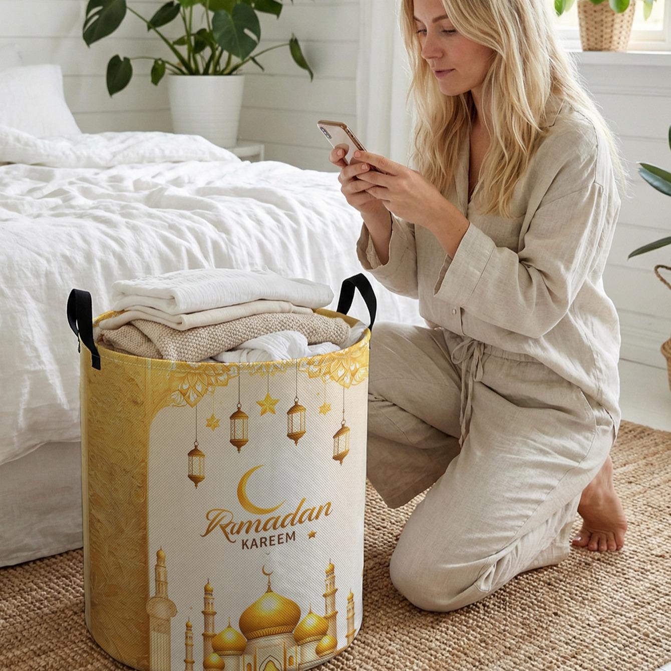 Castle Print Laundry Basket with Handle, Durable Halloween Home Foldable Dirty Clothes Storage, Large Capacity Toy Organizer