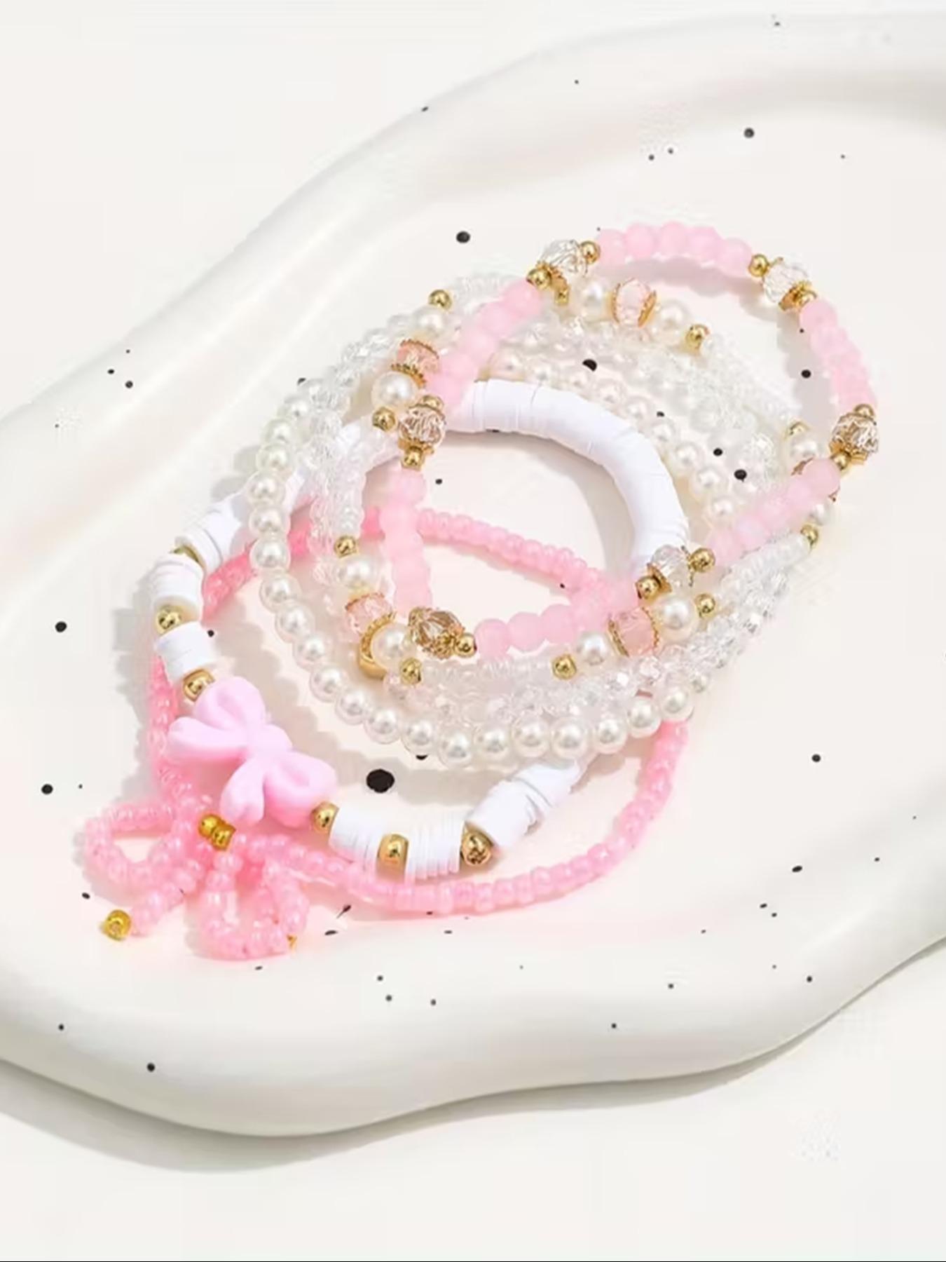 6 Pcs Glass Bead & Faux Pearl Bracelet Set, Cute Y2K Bow & Heart Design, Handmade Layered Bracelets for Women