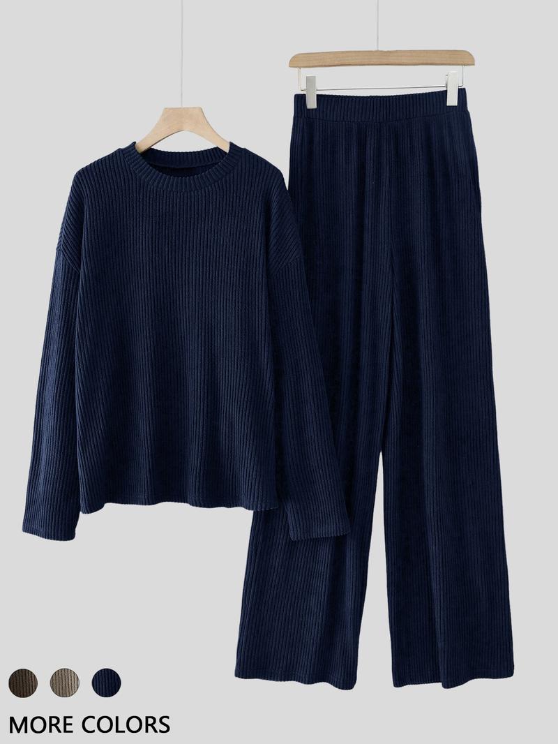 Women's Solid Color Round Neck Drop Shoulder Long Sleeve Knit Top and Loose Wide Leg Pants Set, Casual Home Wear, Comfortable and Versatile