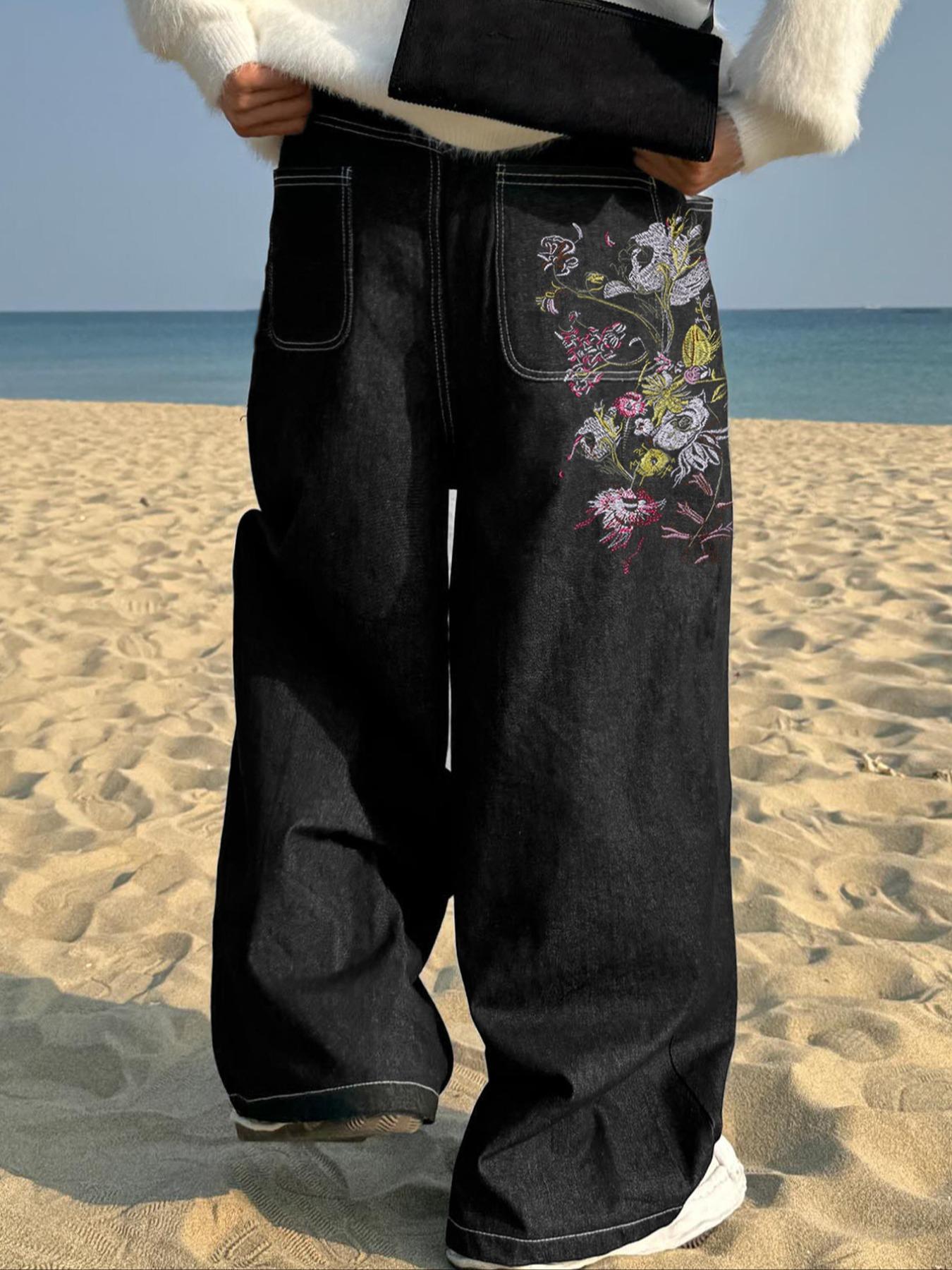 Men's Retro Y2K Style Loose Wide Leg Jeans, Menswear, Cherry