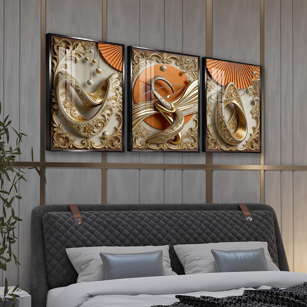 3 Counts Aluminum Alloy Framed Painting, Abstract Gold And Beige Geometric Art Pictures, Home Decoration For Living Room, Bedroom, Office, Restaurant, Hallway Wall Decor, Odorless Print Artwork, Luxury Perfect Gift For Friends And Family