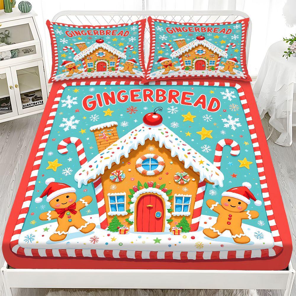 Fitted Sheet 3-Piece Set 2D Flat Gingerbread Man Pattern Mattress Cover (1 fitted sheet + 2 pillowcases, no insert), stylish, soft, and comfortable sheets, skin-friendly and breathable bedding, suitable for family bedrooms and guest rooms, all year round.