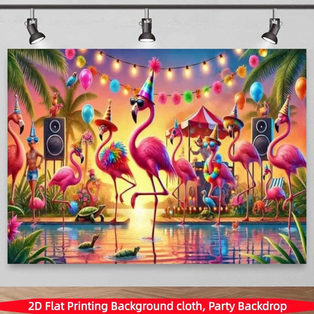 Hawaiian Bright Flamingo Party Backdrop Banner, Tropical Beach Scene, Polyester Material, Festive Decor for Summer Parties