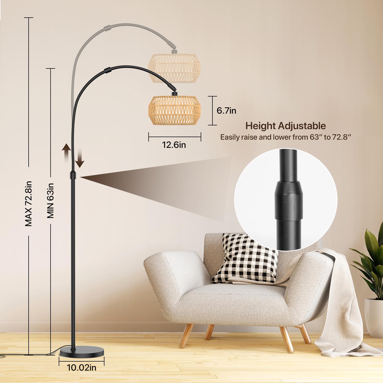 GLITGATE Boho Fishing Floor Lamp with Remote Control, Dimmable Arc Floor Lamp with 3 CCT and RGB,Farmhouse vintage Floor Lamps with Rattan Shades, Vintage floor lamp, Dimmable floor lamp for Bedroom, Office, living room,bedroom