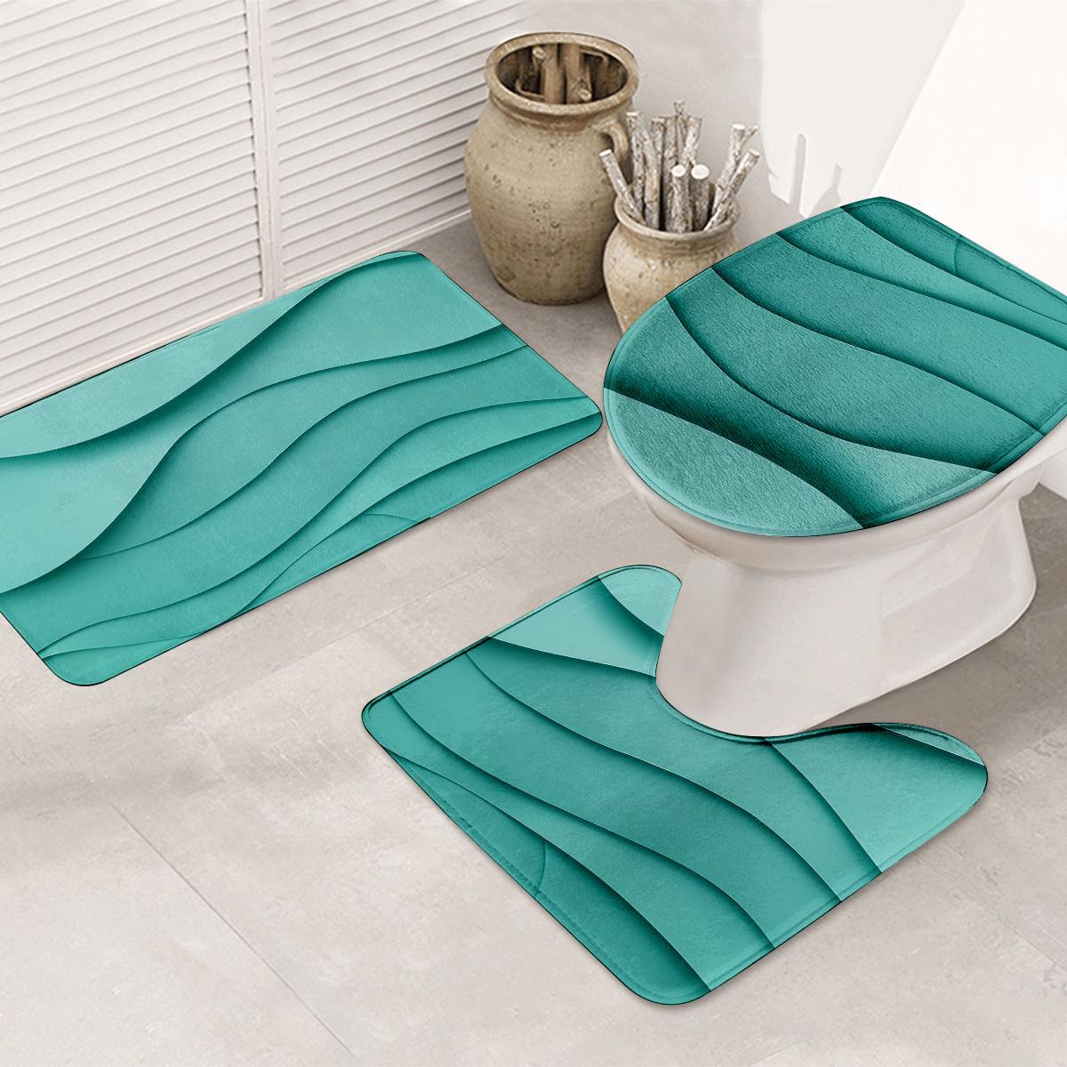 3pcs Green 3D Wave Pattern Bathroom Mat Set, Soft Flannel, Toilet Lid Cover, U-Shaped Toilet Mat, 100% Polyester, Modern Design, Home Bathroom Decor, Stylish Bathroom Accessory, Bathroom Rug Se
