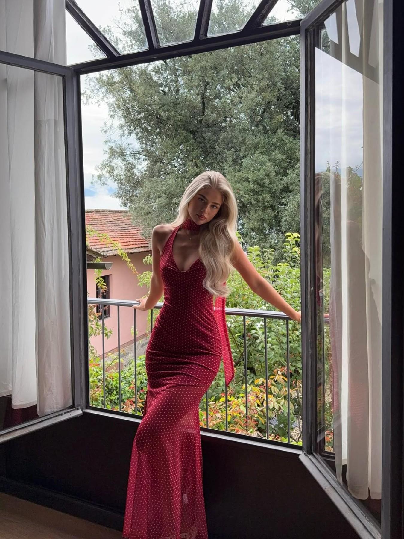 Pure Color Polka Dot Halter Deep V Neck Slim Fit Sexy Formal Party Dress, Stylish Women's Evening Gown, Perfect for Night Out Events