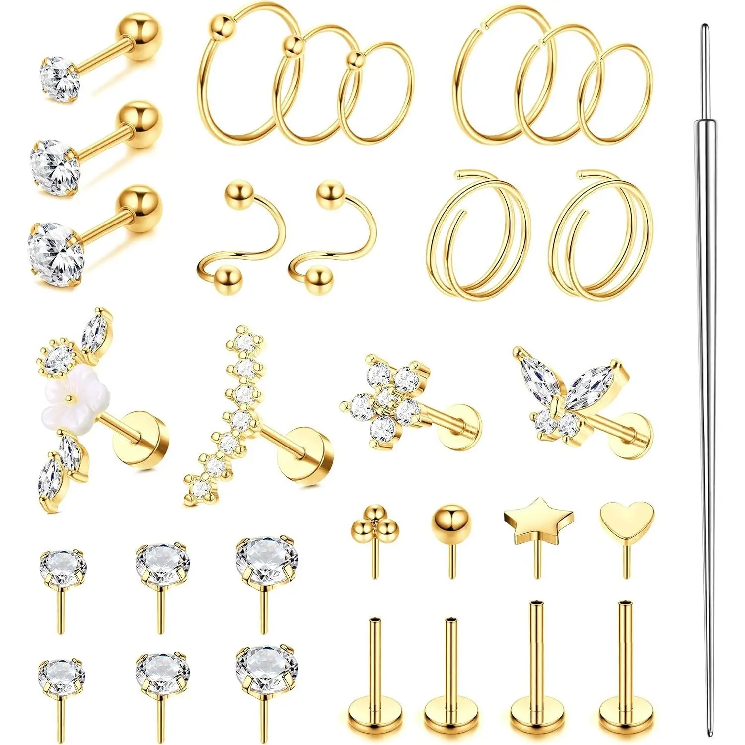 CASSIECA Hypoallergenic 16-20G Surgical Steel Dainty Body Jewelry Set – Threadless Flat Back Earrings for Women, Push-In Nose Studs, Lip Labret, Nose Piercings, Ear Piercings Kit, Daith, Conch, Helix, Cartilage Hoops Sohochic