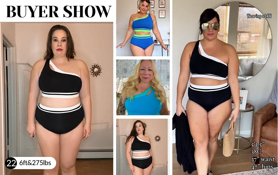 Aqua Eve Women Plus Size High Waisted Bikini One Shoulder Two Piece Swimsuit Color Block Bathing Suits