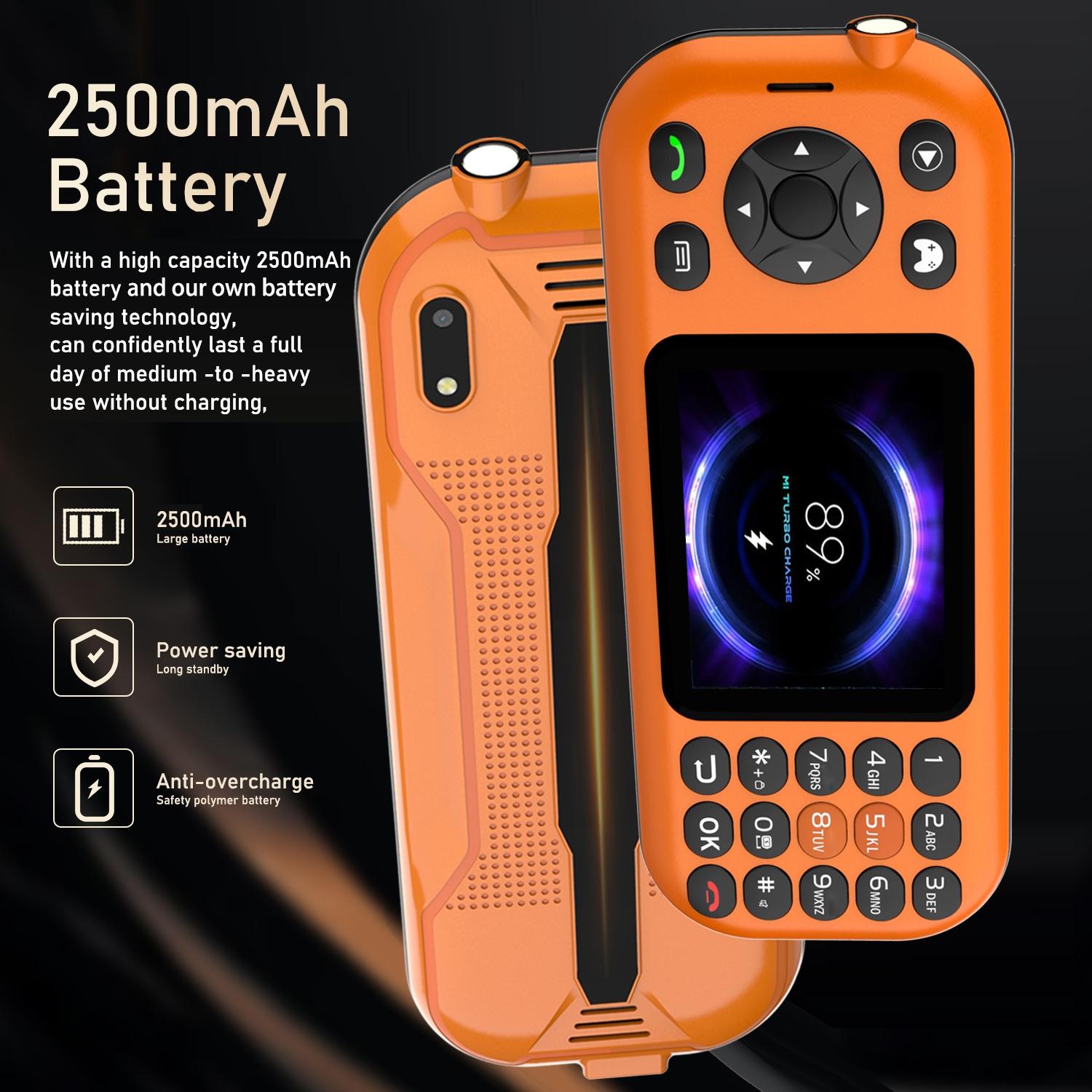 FUFFI Game Phone comes with 200 classic games pre-installed. It features a 2.8-inch screen, a 2500mAh battery, 2G network, dual SIM dual standby, a metal integrated frame, and an ultra-bright flashlight. It is a multi-functional game phone.
