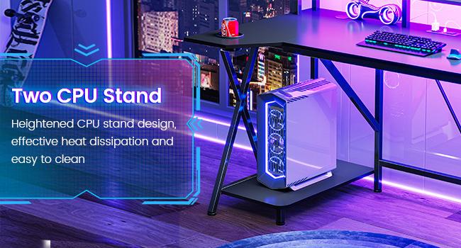 SEDETA 55-inch Gaming Desk with LED Lights and Storage Shelf, Computer Desk with Monitor Stand Power Outlet and Cup Holder Modern Metal Gaming Desk Heavy Duty Table