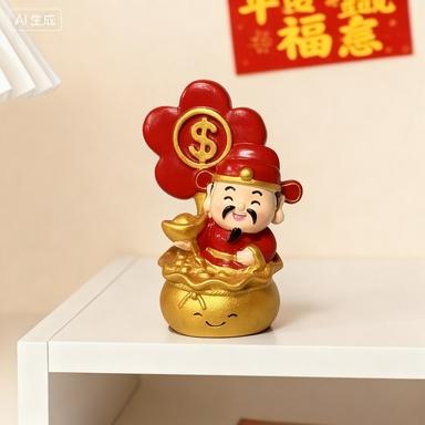 Cute Mini Resin Fortune God Figurine, Traditional, Holding Yuan Bao Money Bag, Desk/counter/car Use, Attracts Wealth